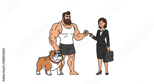 Muscular Man Receiving Keys from Businesswoman with Bulldog Vector Illustration, Cartoon Style Real Estate Concept for Property Purchase and Pet Ownership