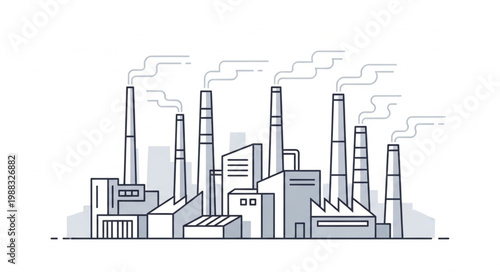 Industrial Factory Buildings with Smoke Stacks Emitting Smoke.