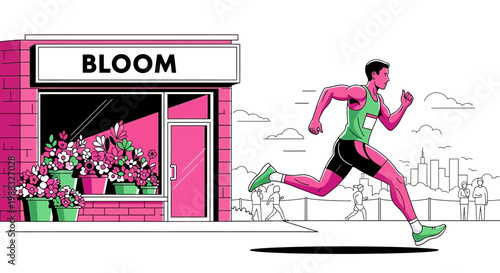 Runner Sprinting Past a Floral Shop in a Dynamic Illustration Showing Movement and Speed