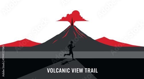 Runner Trails Towards Volcanic Peaks In Stunning Silhouette Graphic Illustration