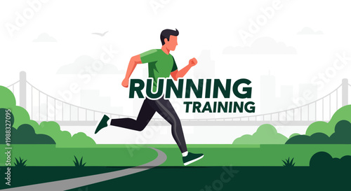 Runner Training Amidst Green Landscape Illustration: Graphic Design and Workout Concept