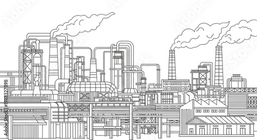Industrial factory complex with smoke stacks emitting steam and pollution.