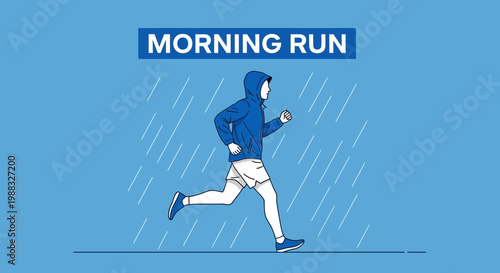 Runner Training In The Rain, Vector Illustration, Morning Run, Sport and Workout Concepts