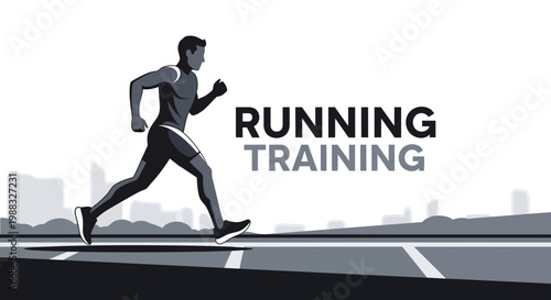 Runner Training on Asphalt Path With City Silhouette In Monochrome Vector Illustration