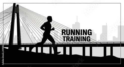 Runner Training on Bridge in City with Running Text Silhouette Illustration