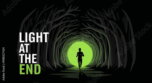 Runner's Journey Towards The Glowing Light Within The Dark Forest Tunnel