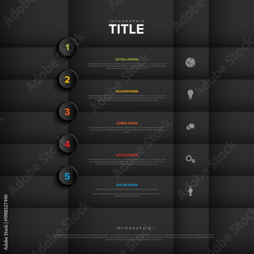 This modern infographic features five distinct progress steps on a dark background. Each business infographic step includes icons and text, perfect for a sleek business infographic.