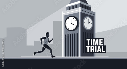 Runner's Time Trial Against Historic Clock Tower in Urban Cityscape