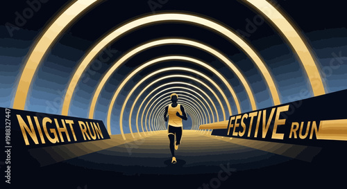 Runner's Journey Through Illuminated Tunnel: Night Run Versus Festive Run Illustration
