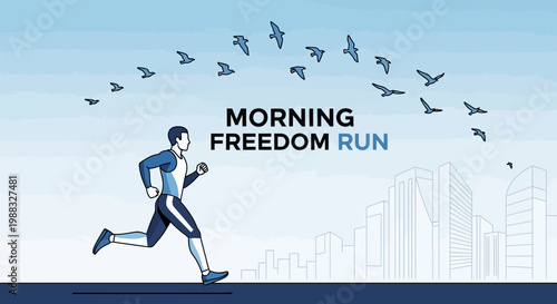 Runner's Morning Exercise in The City: Free Run with Birds and Inspirational Theme