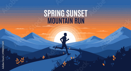 Runner's Silhouette Against Colorful Sunset Landscape Shows Determination and Endurance