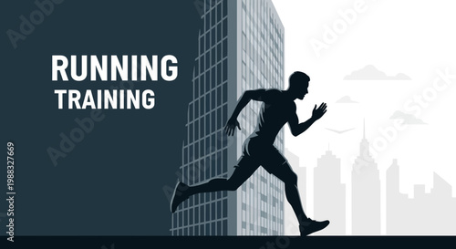 Runner's Silhouette Against Modern Cityscape, Running Training Illustration for Fitness
