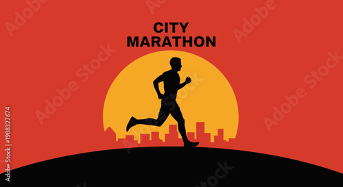 Runner's Silhouette Against Sunset Backdrop of Urban Landscape During a City Marathon Event