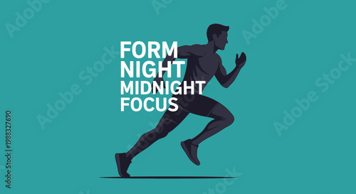 Runner's Silhouette Against Teal Background Showcasing Form, Focus, Night, and Midnight