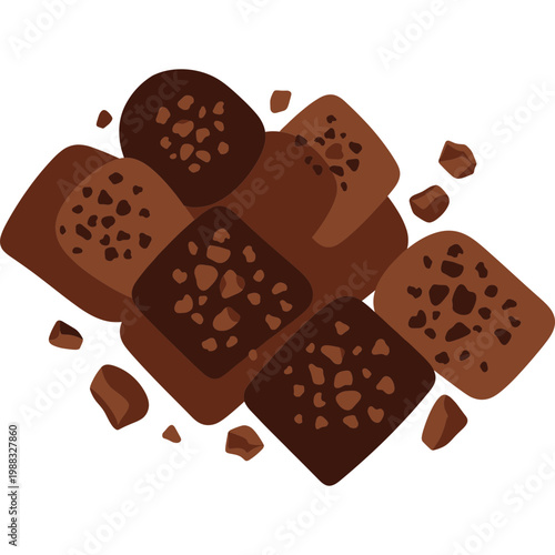 A group of brown chocolate pieces with holes are scattered on a surface
