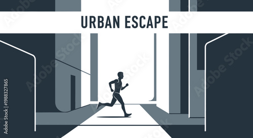 Runner's Silhouette In Urban Setting Escaping To A Bright Future Or New Adventure