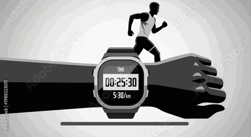 Runner's Smartwatch Displaying Running Time and Speed with Runner Silhouette in Monochrome