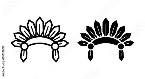 Native american war bonnet icon set, traditional feather headdress symbol, vector illustration