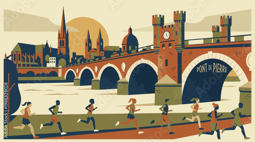 Runners Exercising Across The Pont de Pierre Bridge During The Day, Illustration