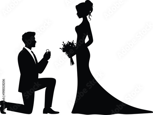 Romantic wedding proposal silhouette featuring a man on one knee giving an engagement ring to a woman holding a flower bouquet for marriage concepts.