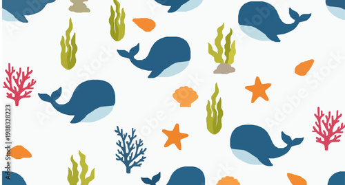 Cute ocean seamless pattern with whales seaweed starfish and shells vector illustration on white