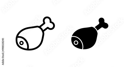 Vector illustration of a chicken leg icon, featuring both outline and solid black styles, representing meat or food concepts