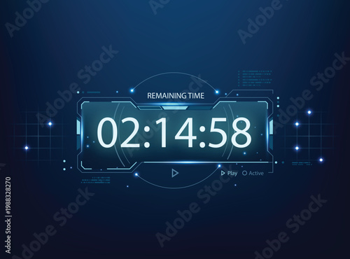 A futuristic digital countdown timer display on a dark blue technological background with HUD interface elements