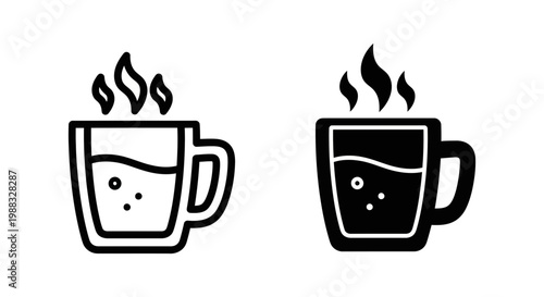 Set of hot drink cup icons, coffee or tea mug with steam, outline and solid style, vector illustration