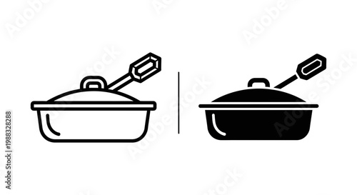 Vector icon of a covered pan with a kitchen utensil, cooking pot with lid and spatula, kitchenware line and solid style