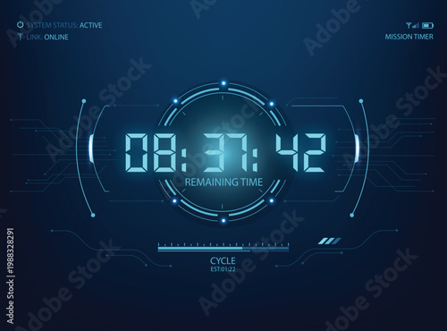 Futuristic blue digital countdown timer HUD interface with glowing neon numbers. Cyberpunk technology background featuring circuit lines