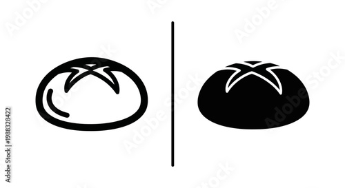 Bread loaf icon set featuring outline and solid versions of a round sourdough boule or bun for bakery design