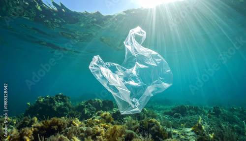 plastic bag floating in the blue sea