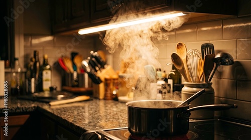 Steam Rising from a Pot in a Cozy Kitchen Environment