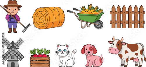 Farm Life Illustration Set with Farmer, Animals, Hay, and Gardening Tools for Agriculture, Rural, and Countryside Designs