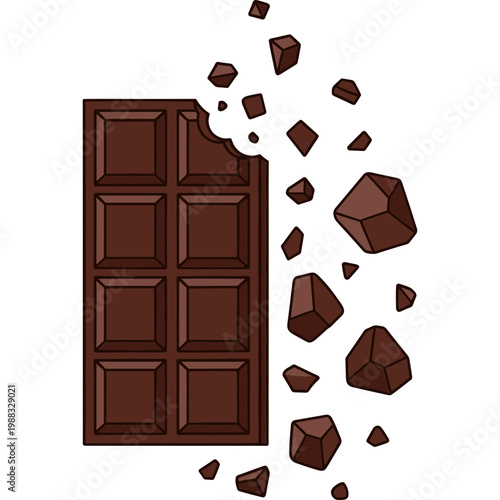 Chocolate bar breaking apart into pieces on white background