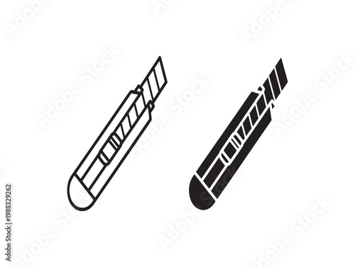 Two black and white illustrations of a utility knife or box cutter