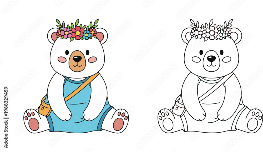 Fototapeta premium Cute Cartoon Polar Bear Character wearing Flower Crown and Blue Dress, Set of Colored Illustration and Black and White Line Art Coloring Page for Kids, Kawaii Animal Vector Design