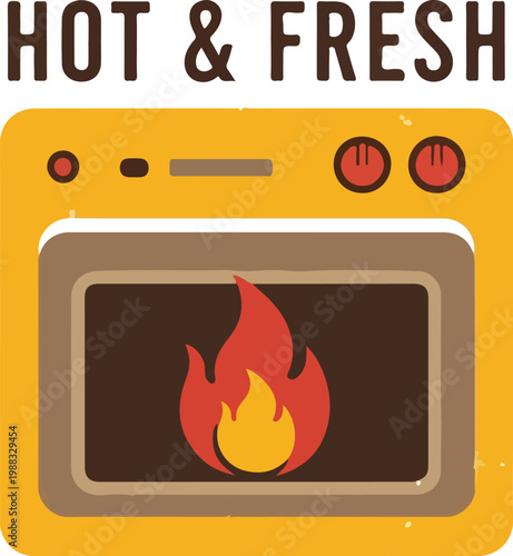 Retro style illustration of a hot oven with fire inside and hot and fresh text.