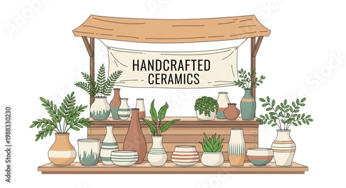 Handcrafted Ceramics Display Stand with Vases and Plants.