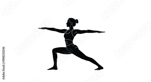 Warrior yoga pose, woman silhouette, fitness icon, black vector graphic