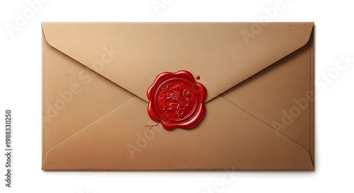 Vintage brown paper envelope with red wax seal featuring a lion crest, elegant invitation or secret letter concept, isolated on white background