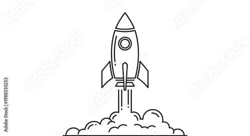 Retro rocket ship launching into space with smoke and fire.