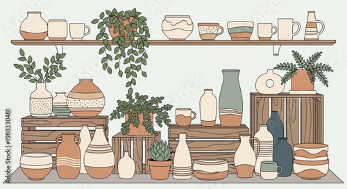 Handcrafted Pottery Collection Displayed on Shelves and Crates.