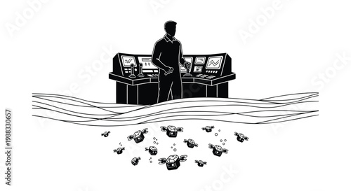Black silhouette of man standing at cash registers, money flying out, vector illustration