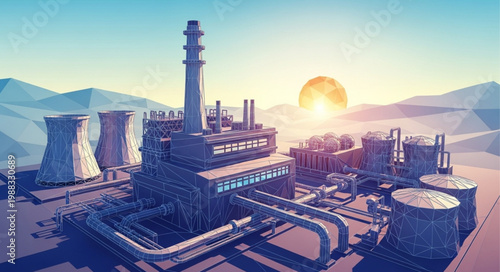 Industrial power plant complex with cooling towers and smokestacks at sunrise.