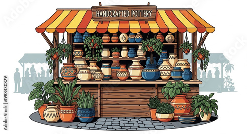 Handcrafted Pottery Stall Displaying Various Ceramic Vases.