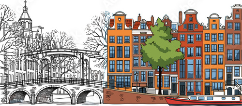 Amsterdam Canal View with Bridge, Trees, and Colorful Dutch Houses Vector Illustration for Cityscape and Travel Designs
