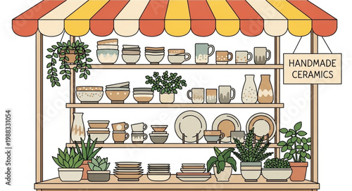 Handmade ceramic stall display with pottery and plants.
