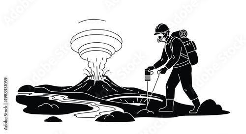 Volcano, eruption, scientist, research, geology, illustration, black and white, vector graphics