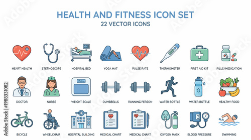 Health and fitness icon set with medical and exercise illustrations